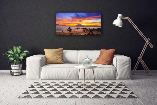 Tablou pe panza canvas Copaci Ceață Peisaj Galben Alb Negru Maro