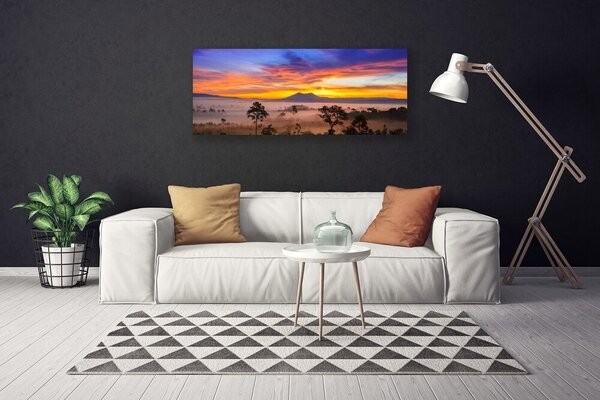 Tablou pe panza canvas Copaci Ceață Peisaj Galben Alb Negru Maro