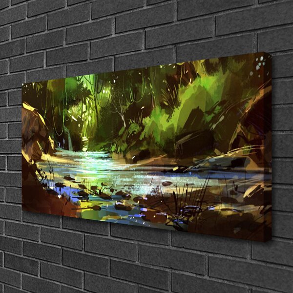 Tablou pe panza canvas Lake Forest Stones Natura Verde Maro Albastru