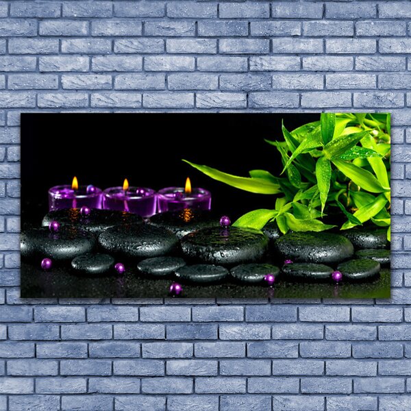 Tablou pe panza canvas Lumanarea Pietre Frunze Arta Negru Verde Violet