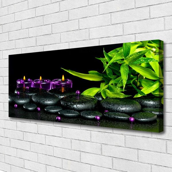 Tablou pe panza canvas Lumanarea Pietre Frunze Arta Negru Verde Violet