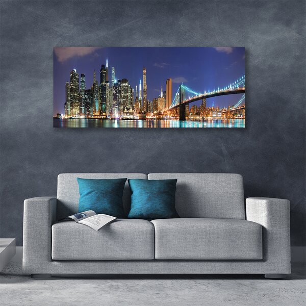 Tablou pe panza canvas Bridge City Arhitectura Gri Brun Violet Galben