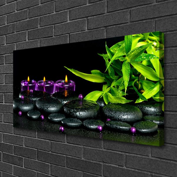 Tablou pe panza canvas Lumanarea Pietre Frunze Arta Negru Verde Violet