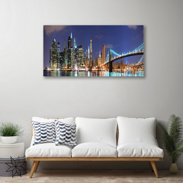 Tablou pe panza canvas Bridge City Arhitectura Gri Brun Violet Galben