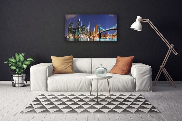 Tablou pe panza canvas Bridge City Arhitectura Gri Brun Violet Galben