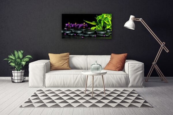 Tablou pe panza canvas Lumanarea Pietre Frunze Arta Negru Verde Violet
