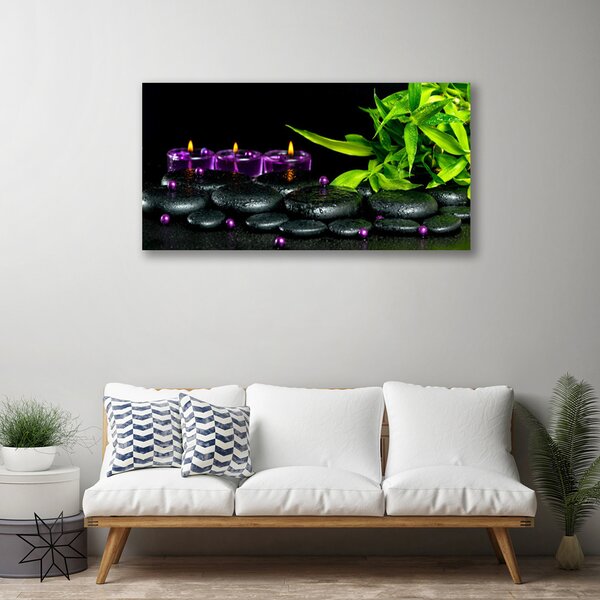Tablou pe panza canvas Lumanarea Pietre Frunze Arta Negru Verde Violet