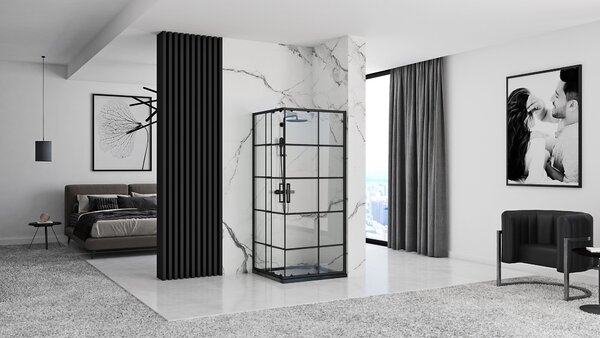 Rea Concept, cabină de duș cu ușă glisantă 90 (uşă) x 90 (uşă) x 190 cm, sticlă transparentă de 5 mm, profil negru, REA-K5478