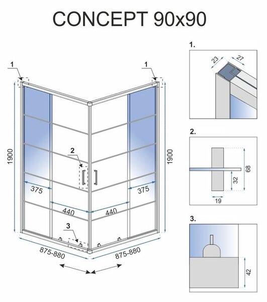 Rea Concept, cabină de duș cu ușă glisantă 90 (uşă) x 90 (uşă) x 190 cm, sticlă transparentă de 5 mm, profil negru, REA-K5478
