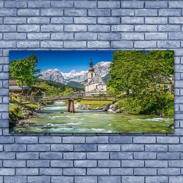 Tablou pe panza canvas Biserica Podul Lacul Copaci Natura Verde Maro Gri Alb