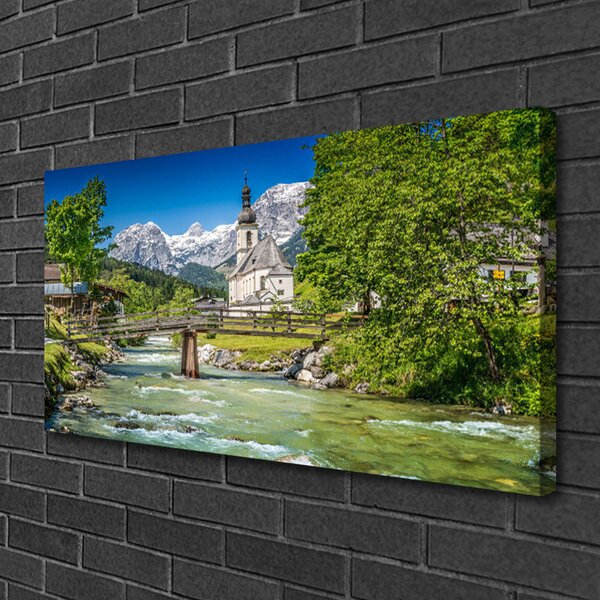 Tablou pe panza canvas Biserica Podul Lacul Copaci Natura Verde Maro Gri Alb