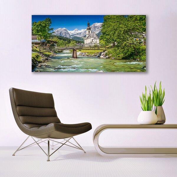 Tablou pe panza canvas Biserica Podul Lacul Copaci Natura Verde Maro Gri Alb
