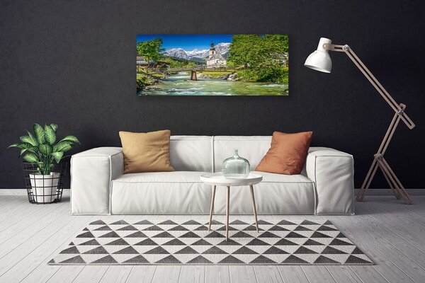 Tablou pe panza canvas Biserica Podul Lacul Copaci Natura Verde Maro Gri Alb