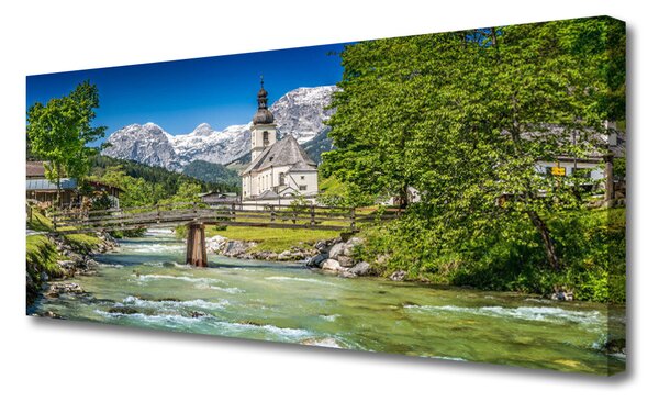 Tablou pe panza canvas Biserica Podul Lacul Copaci Natura Verde Maro Gri Alb