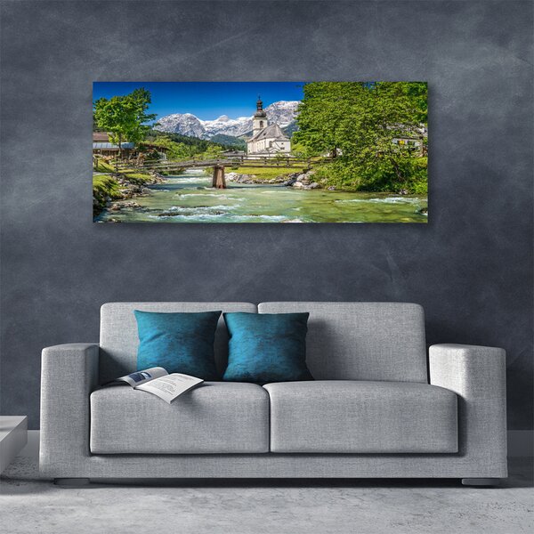 Tablou pe panza canvas Biserica Podul Lacul Copaci Natura Verde Maro Gri Alb
