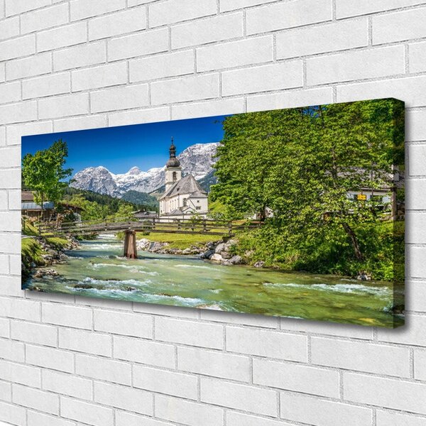 Tablou pe panza canvas Biserica Podul Lacul Copaci Natura Verde Maro Gri Alb