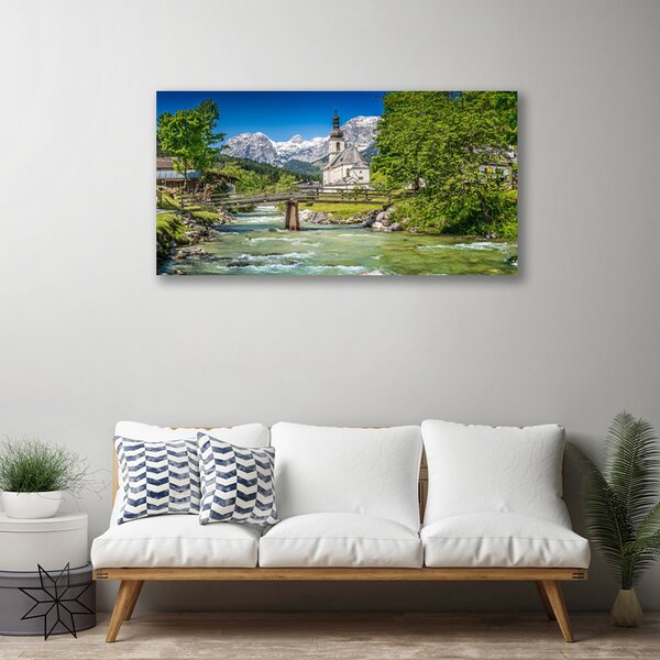 Tablou pe panza canvas Biserica Podul Lacul Copaci Natura Verde Maro Gri Alb