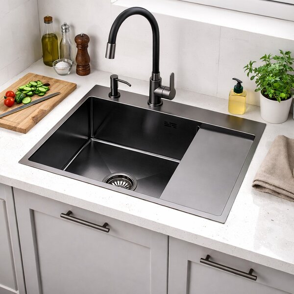 Ruvetti Linar chiuveta cu dozator 62x48 cm grafit 5002L_PVD_GRF120_WL