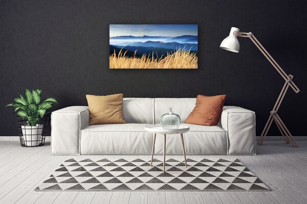 Tablou pe panza canvas Câmp Peisaj Albastru Alb Galben