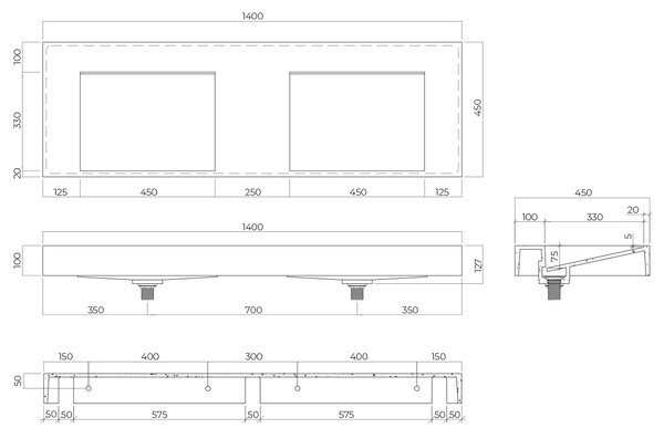 Oltens Stila lavoar 140x45 cm dreptunghiular clasică-dublă alb mat 40005900