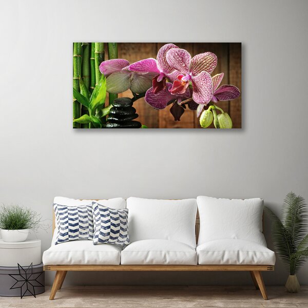 Tablou pe panza canvas Flori de bambus pietre Floral Verde Negru Roz