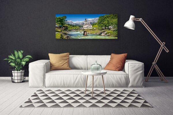 Tablou pe panza canvas Biserica Podul Lacul Verde Natura Maro Alb Gri