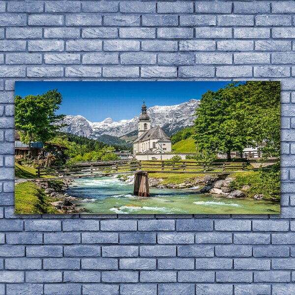 Tablou pe panza canvas Biserica Podul Lacul Verde Natura Maro Alb Gri
