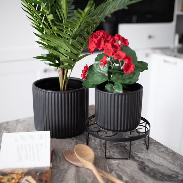 KONDELA Ghivece de flori din ceramică, set de 2, negru mat, KELSO