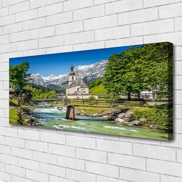 Tablou pe panza canvas Biserica Podul Lacul Verde Natura Maro Alb Gri