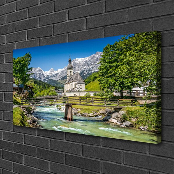 Tablou pe panza canvas Biserica Podul Lacul Verde Natura Maro Alb Gri