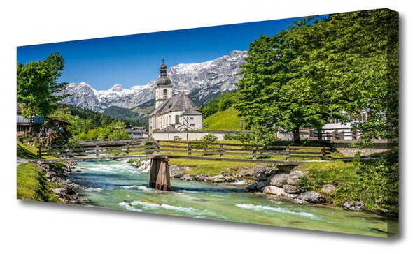 Tablou pe panza canvas Biserica Podul Lacul Verde Natura Maro Alb Gri