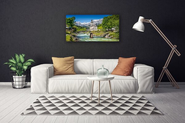 Tablou pe panza canvas Biserica Podul Lacul Verde Natura Maro Alb Gri