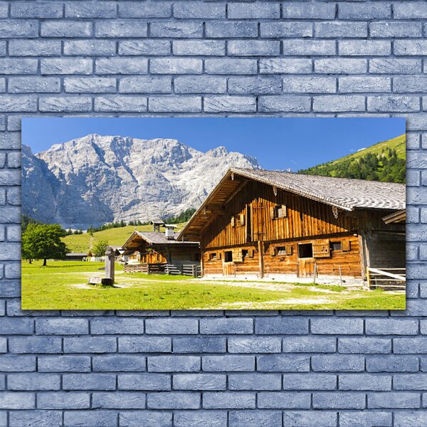 Tablou pe sticla Casa Munte Peisaj Brun Alb Gri Verde
