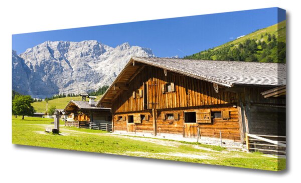 Tablou pe panza canvas Casa Munte Peisaj Brun Alb Gri Verde