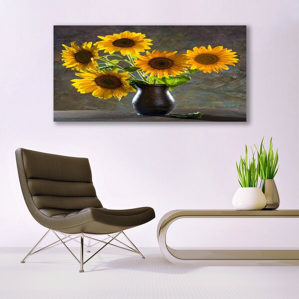 Tablou pe panza canvas Floarea-soarelui de flori Vaze Floral Galben Gri