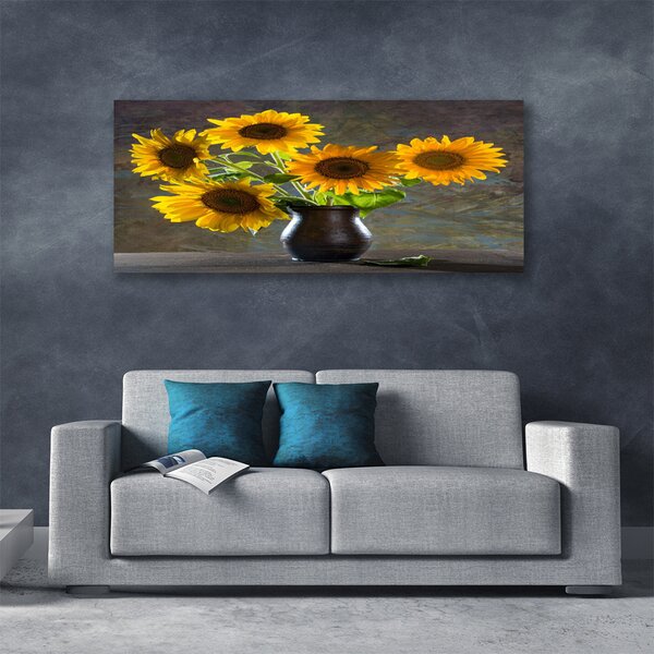 Tablou pe panza canvas Floarea-soarelui de flori Vaze Floral Galben Gri