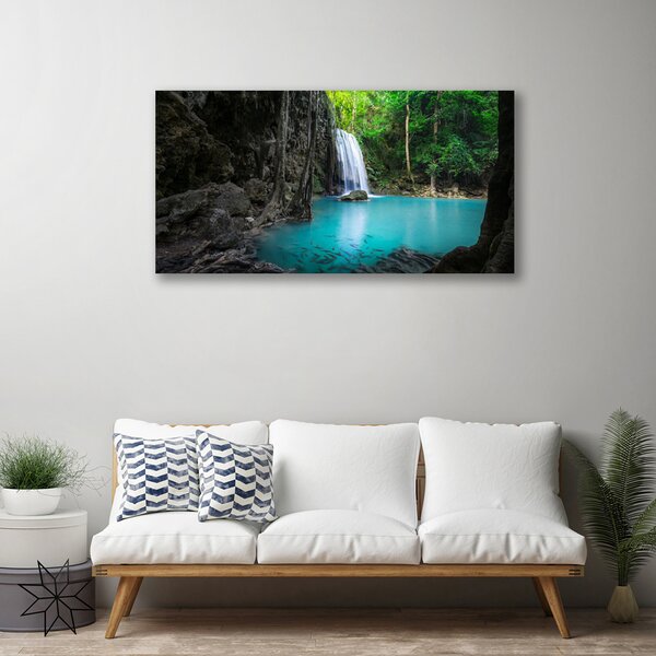 Tablou pe panza canvas Lacul Cascada Natura Gri Albastru Verde