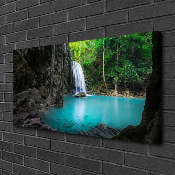 Tablou pe panza canvas Lacul Cascada Natura Gri Albastru Verde