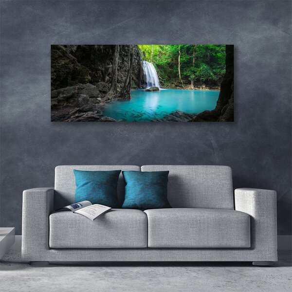 Tablou pe panza canvas Lacul Cascada Natura Gri Albastru Verde