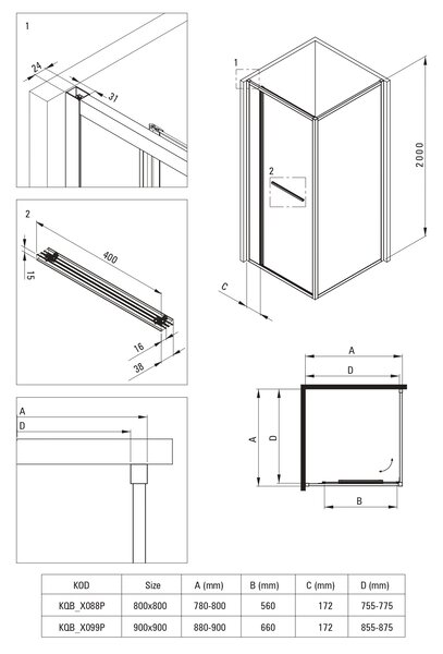 Deante Square cabină de duș 80x80 cm pătrat crom luciu/sticlă transparentă KQB_0088P