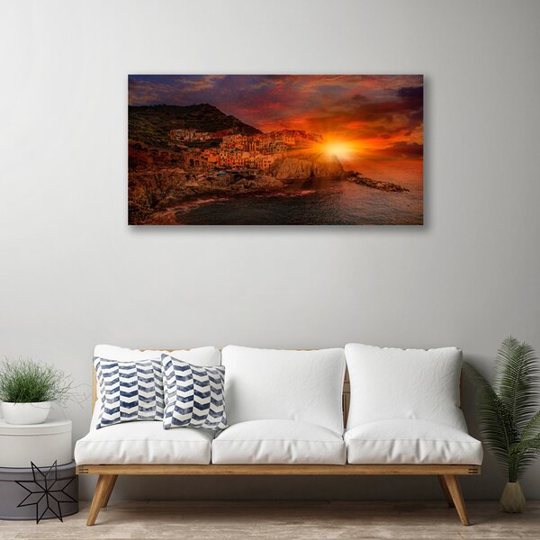 Tablou pe panza canvas Sea Sun City Peisaj Brun Verde Galben