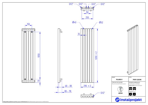 Instal Projekt Pilaro V calorifer de baie decorativ 120x29 cm negru PIOV-120/06C31