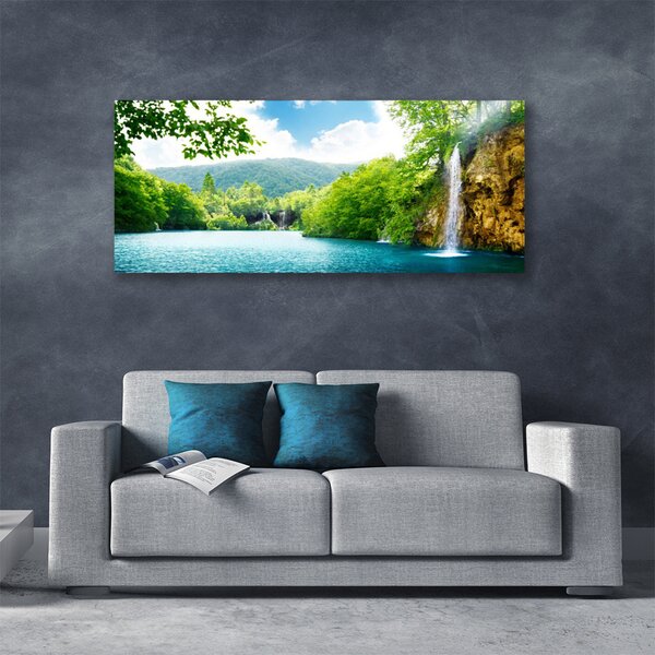 Tablou pe panza canvas Cascada Lacul Copaci Natura Alb Albastru Verde