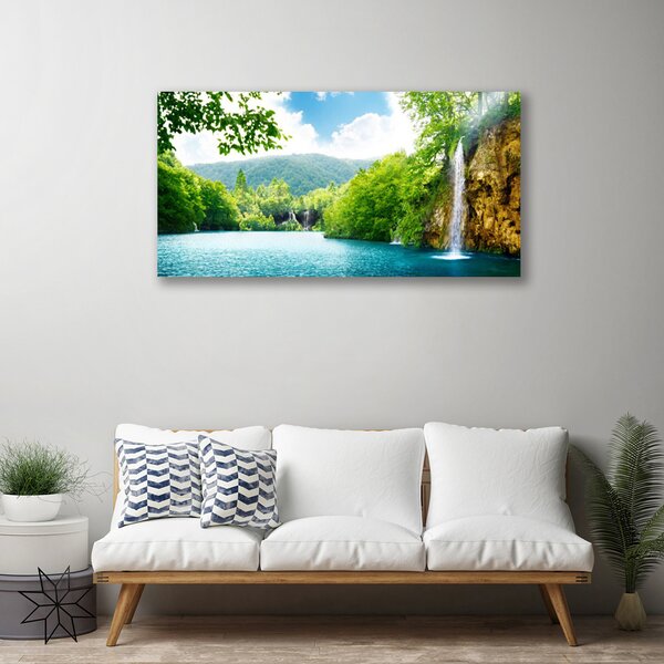 Tablou pe panza canvas Cascada Lacul Copaci Natura Alb Albastru Verde