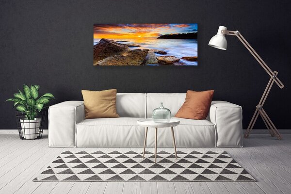 Tablou pe panza canvas Pietre Sea Sun Peisaj Galben Alb Gri Verde