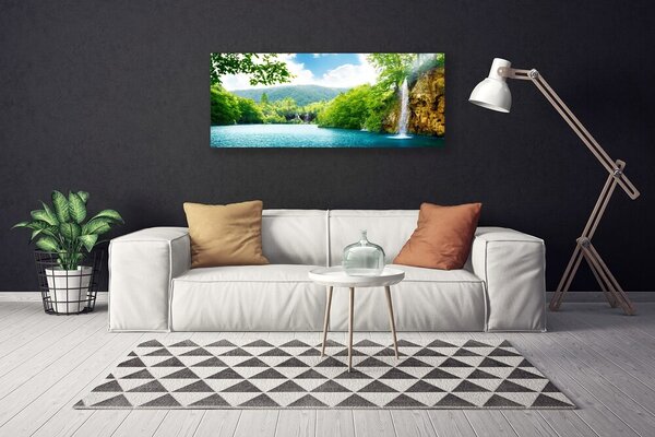 Tablou pe panza canvas Cascada Lacul Copaci Natura Alb Albastru Verde