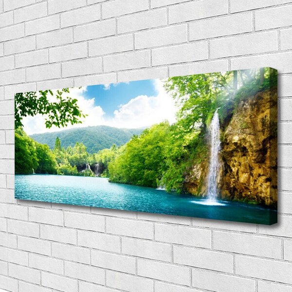 Tablou pe panza canvas Cascada Lacul Copaci Natura Alb Albastru Verde