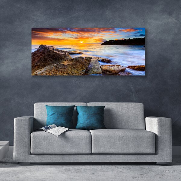 Tablou pe panza canvas Pietre Sea Sun Peisaj Galben Alb Gri Verde
