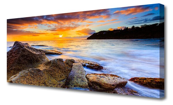 Tablou pe panza canvas Pietre Sea Sun Peisaj Galben Alb Gri Verde