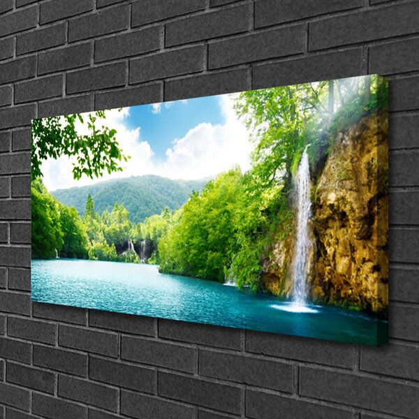 Tablou pe panza canvas Cascada Lacul Copaci Natura Alb Albastru Verde